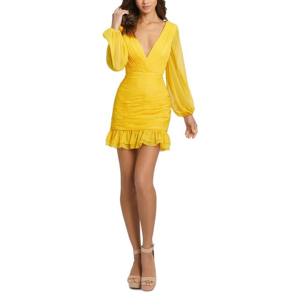 Mac Duggal Womens  Ruched Illusion Puff Sleeve Fitted Dress